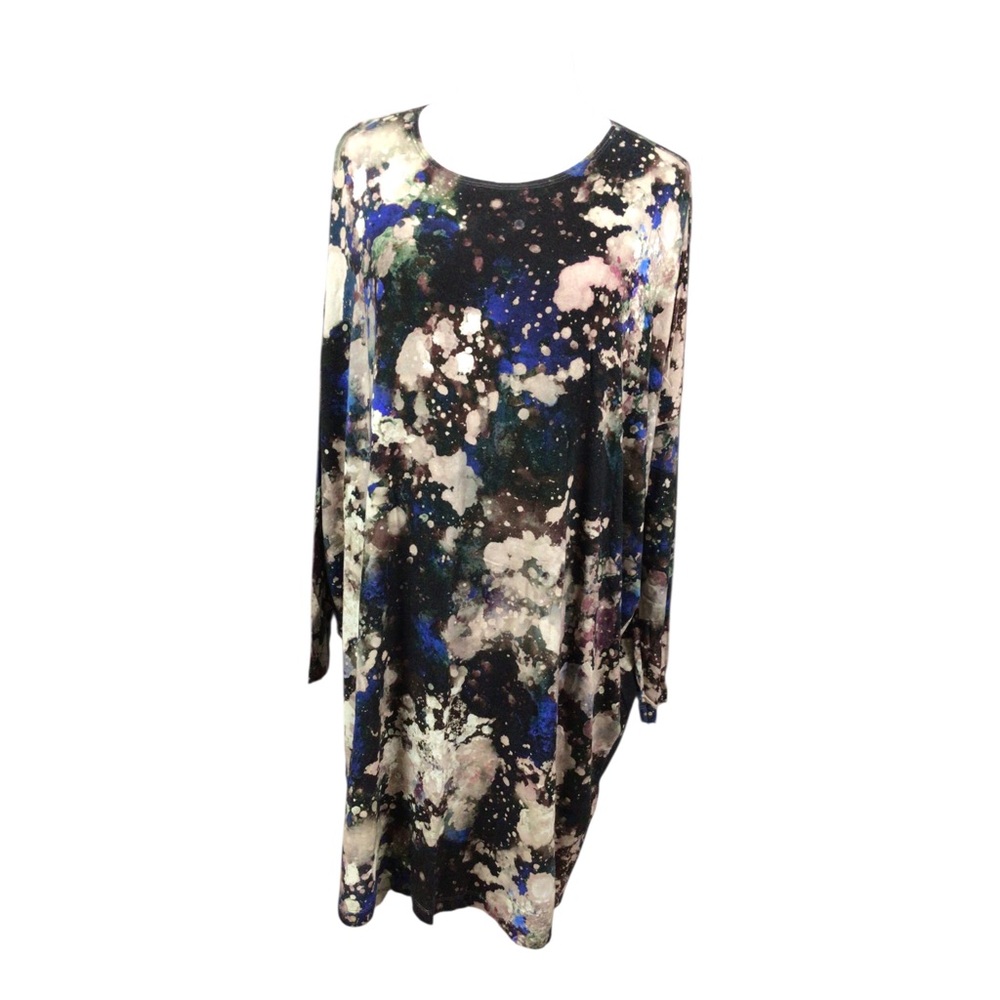 Bryn Walker Splash Print Long Sleeve Dress Black & Blue Small Oversized Artsy
